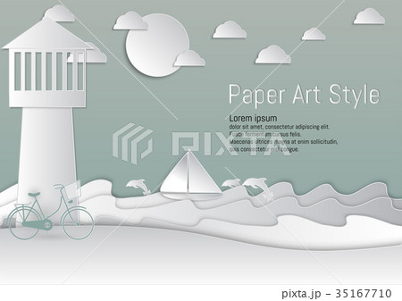 Paper Art Style. lighthouse and Sea Paper Art Style. lighthouse and Sea 35167710