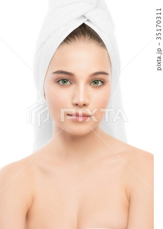 Beautiful young brunette woman with clean face and Beautiful young brunette woman with clean face and 35170311