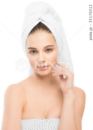 Beautiful young brunette woman with clean face and Beautiful young brunette woman with clean face and 35170312