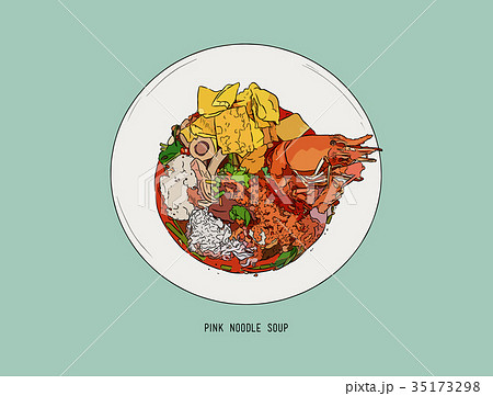 Yen Ta Four, pink noodle soup. hand draw vector. 35173298