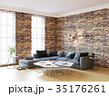 New living room with brick wall and big windows 35176261