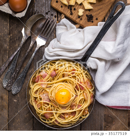 Pasta with bacon, egg and cheese Pasta with bacon, egg and cheese 35177519