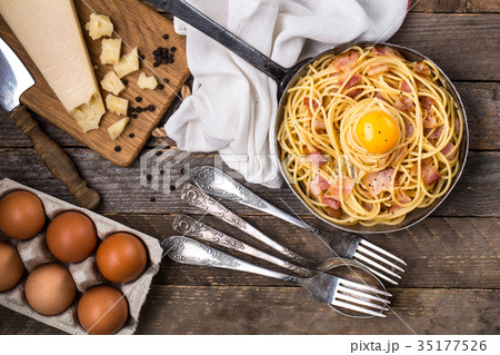 Pasta with bacon, egg and cheese Pasta with bacon, egg and cheese 35177526