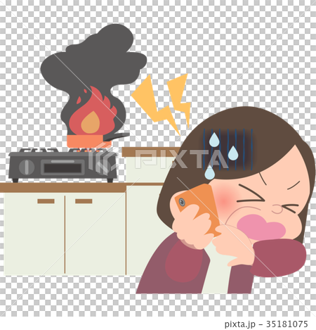 火事の通報をするおばさん 35181075