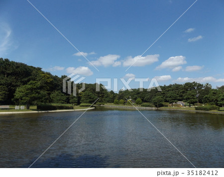箱庭のような稲毛海浜公園の池と樹木と青空と白雲のある景色 35182412