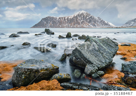 Rocky coast of fjord in Norway 35188467