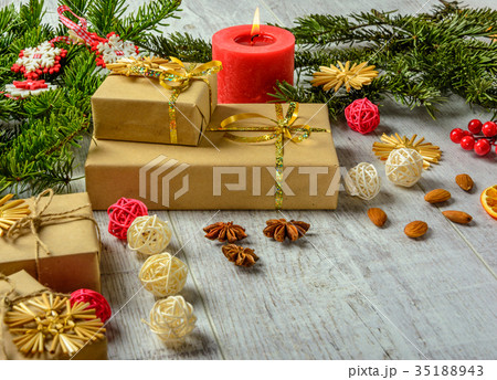 Christmas festive card with fir branches and decor Christmas festive card with fir branches and decor 35188943