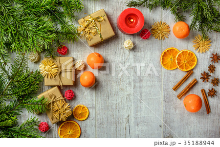 Christmas festive card with fir branches and decor Christmas festive card with fir branches and decor 35188944