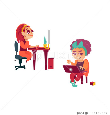 vector flat girl using pc, kid with laptop 35189285