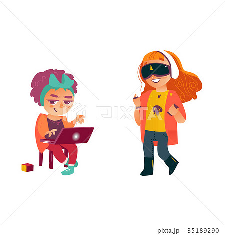 vector girls using laptop virtual realisty glasses vector girls using laptop virtual realisty glasses 35189290