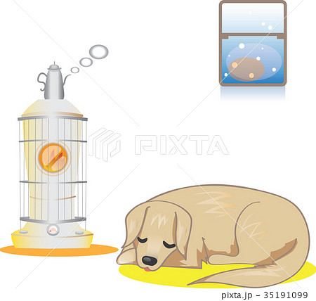 ストーブと眠る犬のイラスト素材