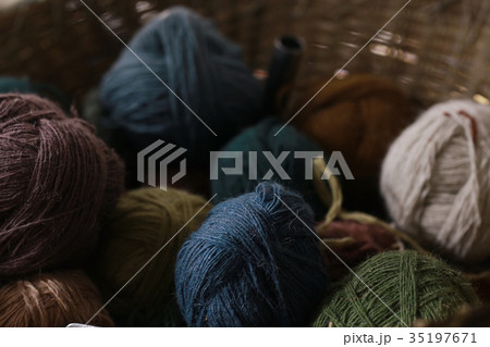 Coats with colored wool in a basket 35197671