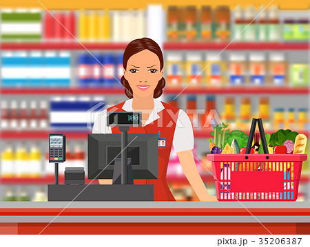 Groceries cashier at work. 35206387