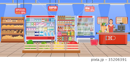 Supermarket store interior with goods. 35206391