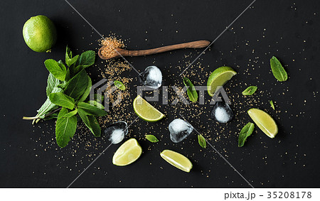 Ingredients for mojito. Fresh mint, limes, ice 35208178