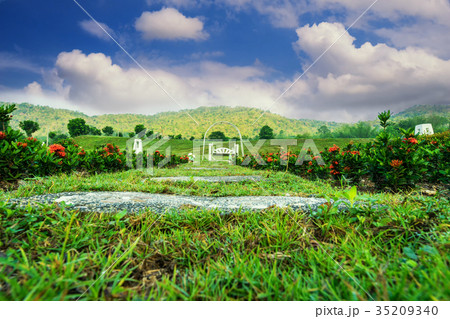 green grass and white chair on mountain and sky green grass and white chair on mountain and sky 35209340