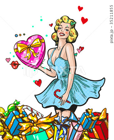 Pin up woman with gifts blond girl character happy 35211855