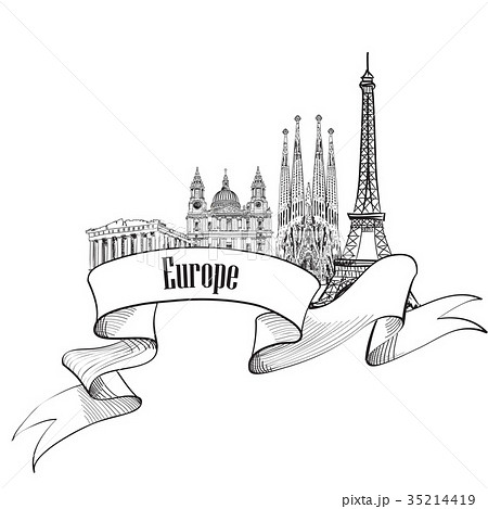 Travel Europe label. Famous City landmark view Travel Europe label. Famous City landmark view 35214419