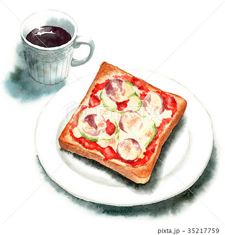 水彩で描いたピザトーストとコーヒーのイラスト素材