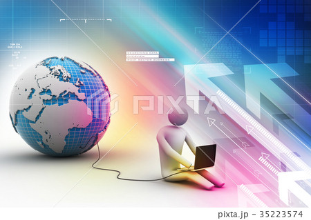 3d man sit near the globe with laptop 35223574