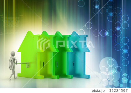 3d man holds the key and the icon of the house 35224597