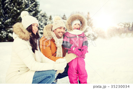 happy family with child in winter clothes outdoors 35230034