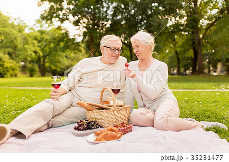 happy senior couple having picnic at summer park 35231477