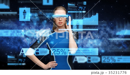 woman in virtual reality 3d glasses with charts woman in virtual reality 3d glasses with charts 35231776
