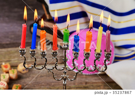 Brightly Glowing Hanukkah Menorah Jewish holiday Brightly Glowing Hanukkah Menorah Jewish holiday 35237867
