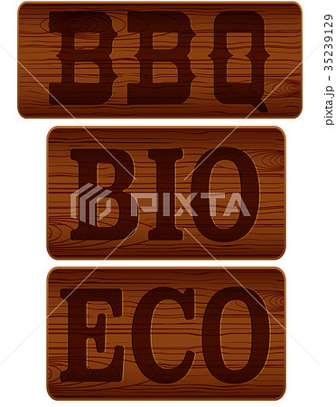 Nameplate of wood with words BBQ BIO ECO Nameplate of wood with words BBQ BIO ECO 35239129