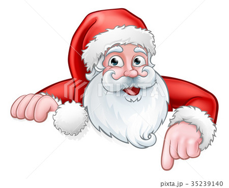 Santa Cartoon Pointing Down from Behind Sign 35239140