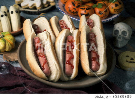 funny halloween food on a rustic table 35239389