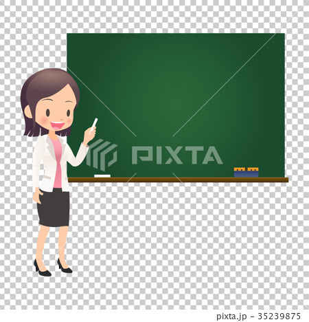 チョークを持って黒板の前に立つスーツ姿の若い女性教師のイラスト素材