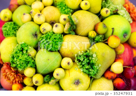 Fruits and flowers closeup, fresh harvest Fruits and flowers closeup, fresh harvest 35247931
