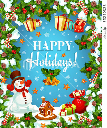 Christmas greeting card of snowman with gift bag Christmas greeting card of snowman with gift bag 35250328