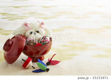 2018年 年賀状テンプレート(はがき比率) 戌年 お雑煮わんこ マルチーズ 2018年 年賀状テンプレート(はがき比率) 戌年 お雑煮わんこ マルチーズ 35253971