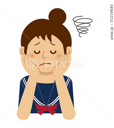 頬杖をついて悩む 考え込む 女性 女子高生上半身イラストのイラスト素材