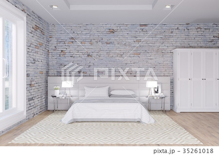 White bedroom in brick walls loft interior White bedroom in brick walls loft interior 35261018