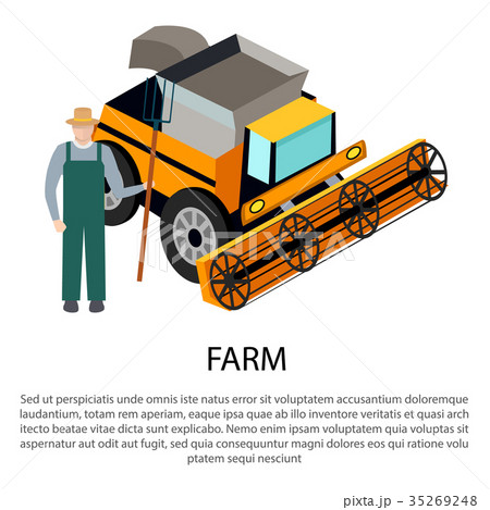 Farmer with a Pitchfork near Harvesting Car 35269248