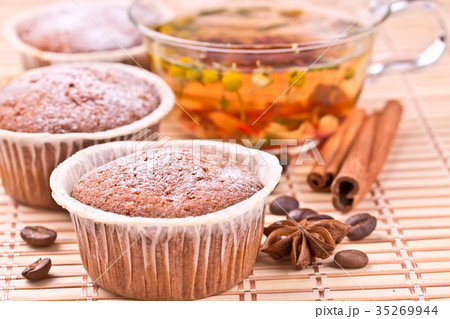 Chocolate muffins with a herbal tea 35269944