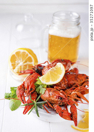 Boiled crayfish in the plate with beer Boiled crayfish in the plate with beer 35271097
