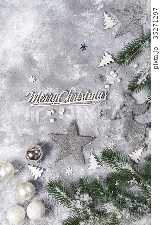Christmas still life. Silver toys and decorative 35271297
