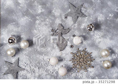 Christmas still life. Silver toys and decorative Christmas still life. Silver toys and decorative 35271298