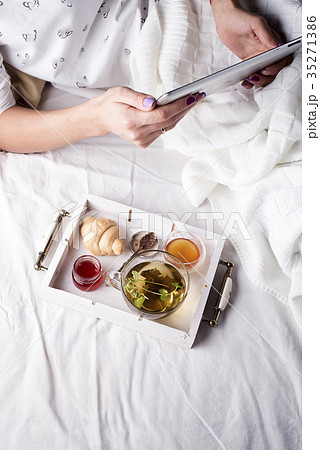 tea in tray with woman 35271386