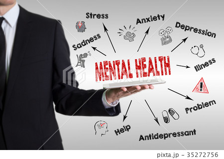 Mental Health concept. Chart with keywords and icons. Young man holding a tablet computer 35272756
