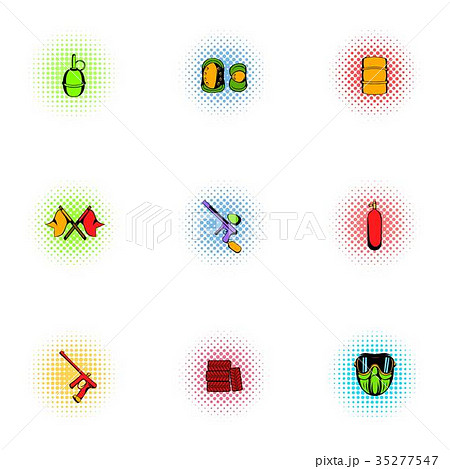 Paintball club icons set, pop-art style 35277547