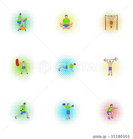 Classes in gym icons set, pop-art style 35280303