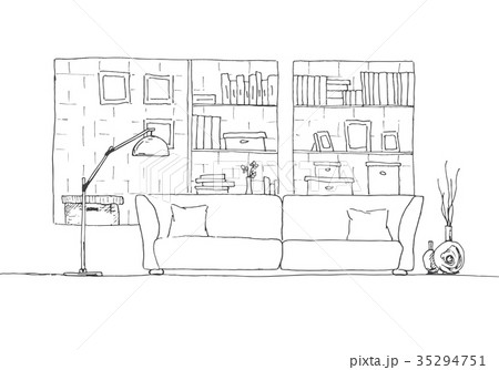 Sofa and floor lamp. Brick wall with shelves 35294751