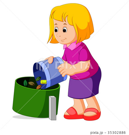 Cute girl with a trash bag near the garbage contai 35302886