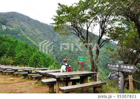 伊勢原市　大山登山道　見晴台の道しるべと登山者 35307821